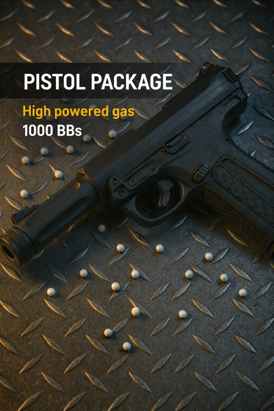Pistol with high-powered gas and 1000 BBs on a textured surface