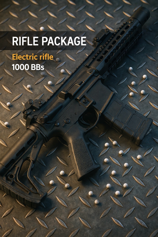 Black electric rifle with 1000 BBs on a metallic surface